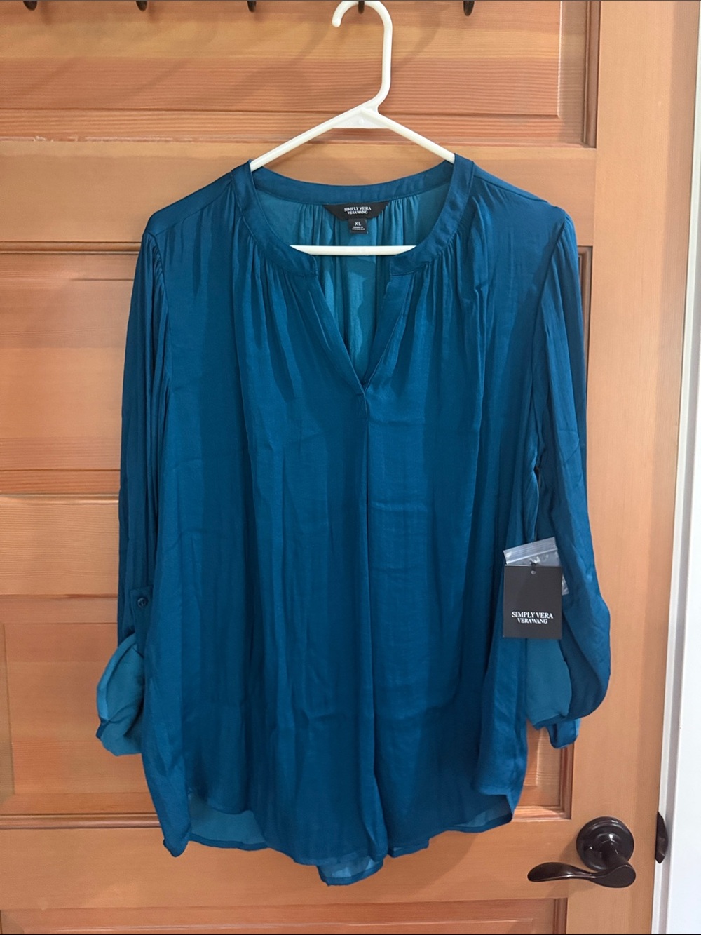 Simply Vera Vera Wang Teal V-Neck Roll-Tab Blouse